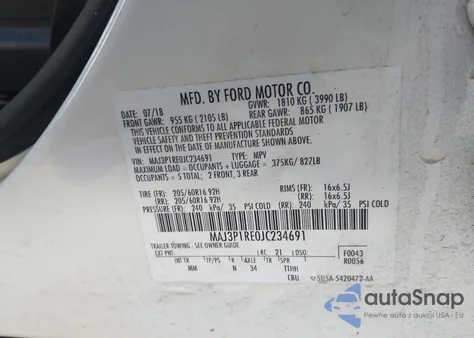2018 Ford Ecosport S z USA, uszkodzony, nr VIN MAJ3P1RE0JC234691
